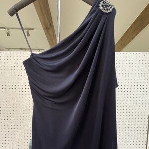 JS Boutique Navy Asymmetrical Sleeve Cocktail Dress Size 12 NWT